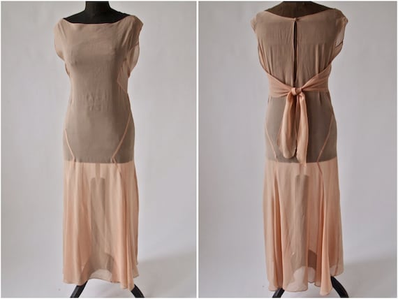 1920's/30s Dress Nude Sheer Silk Chiffon Bias Cut