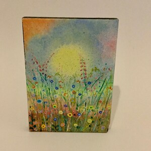 Original Art Paintings, Wood Block, flower meadow, Valentines gift.