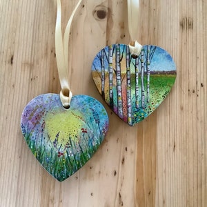 Hand painted wooden heart, hanging decoration, birch trees, flower meadow.