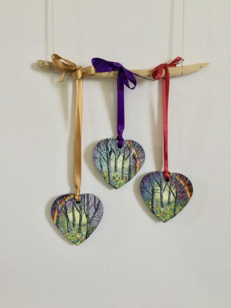Rainbow Hanging Decoration Real Wood Heart Hand Painted 