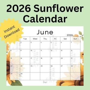 2026 Floral Sunflower Printable Calendar, Floral Wall Calendar, Monthly Planner, Digital Download, Aesthetic Calendar 2026