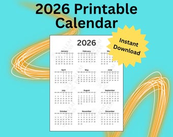 Pode incluir: Calendário imprimível de 2026 branco com layout mensal. O calendário está em um fundo azul claro com redemoinhos laranja e uma estrela amarela que diz "Download instantâneo". O texto "Calendário imprimível de 2026" está no topo.