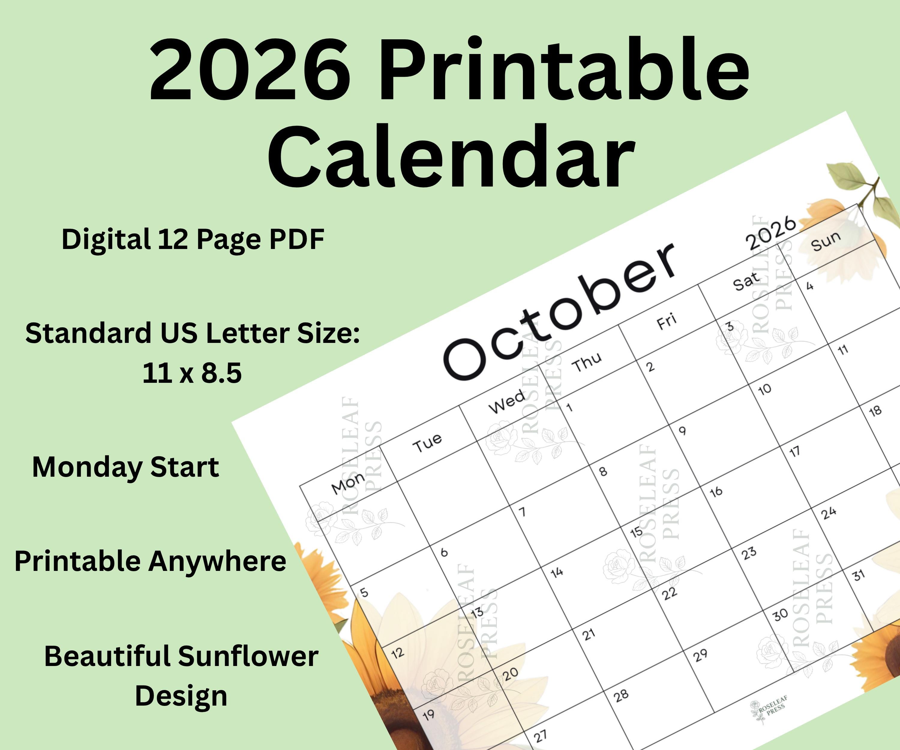 2026 Floral Sunflower Printable Calendar, Floral Wall Calendar, Monthly ...