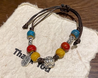 New Chinese Style Vintage Ceramic Beaded Bracelet – Women’s Ethnic Trendy Lucky Lion Couple Hand Rope”