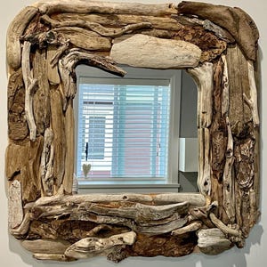 Handmade Driftwood Mirror – 60x60cm Coastal Wall Decor – Rustic Beach House Style