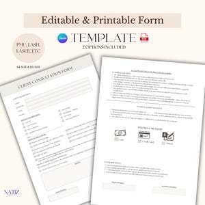 May include: Two printable forms on a white background. The top of the image has the text "Editable & Printable Form" and "TEMPLATE". One form is a client consultation form, and the other is an acknowledgement of procedure and risks form.