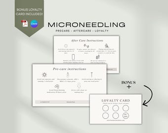 Microneedling Pre-Care & Aftercare Cards + Loyalty Card | Editable Canva Template | Esthetician Client Cards