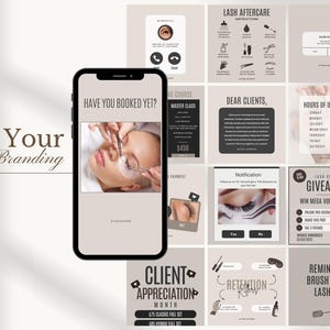May include: A smartphone displaying a social media feed for a lash studio, featuring a grid of beige and black graphic templates with text including Lash Aftercare Instructions, Hours of Operation, Giveaway, and Client Appreciation Month.