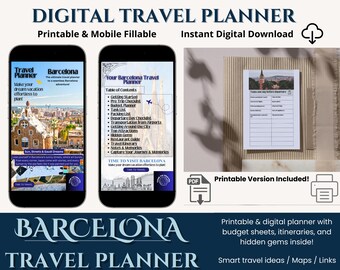 Barcelona Travel Planner | Printable & Fillable PDF | Mobile Travel Journal | Europe Trip Itinerary | Instant Download