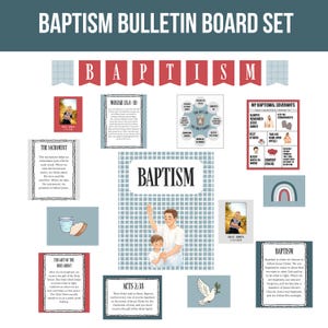 May include: A bulletin board set with the word "BAPTISM" at the top. The set includes various cards with text, illustrations, and a photo. The color scheme is primarily blue, white, and red.