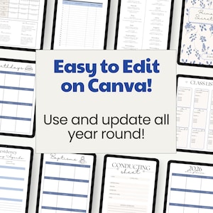 May include: A collection of digital planner templates displayed on tablets. The text "Easy to Edit on Canva! Use and update all year round!" is prominently featured. The templates include calendars, class lists, and other organizational tools.