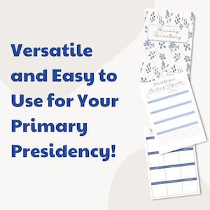 May include: A set of primary presidency planning materials. The cover of the notebook is white with a blue floral pattern. The text "Primary Secretary" is on the cover. The text "Versatile and Easy to Use for Your Primary Presidency!" is also visible.