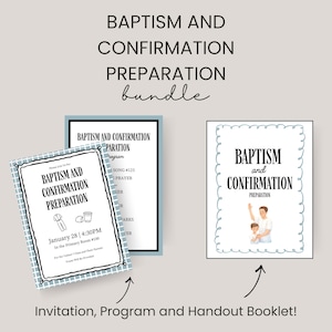 May include: A collection of baptism and confirmation preparation materials. The image shows an invitation, program, and handout booklet. The invitation is dated January 28 at 4:30 PM. The program includes a song, prayer, and remarks.
