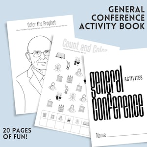 Könnte beinhalten: Ein General Conference Activity Book mit 20 Seiten Spaß. Das Cover zeigt den Text "General Conference Activity Book". Im Inneren befinden sich Malvorlagen und Aktivitäten, darunter "Color the Prophet" und "Count and Color".
