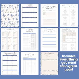 May include: A collection of printable planner pages with a blue floral design. Includes pages for class lists, budgets, meeting agendas, and more. Text includes "Primary Resident", "2026 at a glance", and "Includes everything you need for a great year!"
