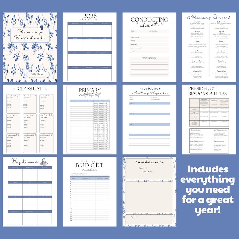 May include: A collection of printable planner pages with a blue floral design. Includes pages for class lists, budgets, meeting agendas, and more. Text includes "Primary Resident", "2026 at a glance", and "Includes everything you need for a great year!"
