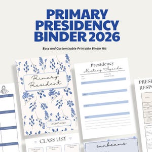 Könnte beinhalten: Eine Sammlung von druckbaren Ordnerseiten mit einem blau-weißen Blumendesign. Das Ordner-Kit enthält einen Planer, eine Tagesordnung für Besprechungen, eine Klassenliste und andere Organisationsseiten. Der Text "PRIMARY PRESIDENCY BINDER 2026" wird oben angezeigt.