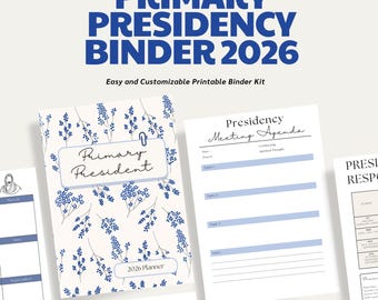 Könnte beinhalten: Eine Sammlung von druckbaren Ordnerseiten mit einem blau-weißen Blumendesign. Das Ordner-Kit enthält einen Planer, eine Tagesordnung für Besprechungen, eine Klassenliste und andere Organisationsseiten. Der Text "PRIMARY PRESIDENCY BINDER 2026" wird oben angezeigt.