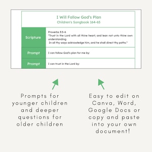 May include: A rectangular educational worksheet titled I Will Follow God's Plan Children's Songbook 164-65. It features a green header and sidebar with sections for Scripture, including Proverbs 3:5-6, and two prompts for children to complete.