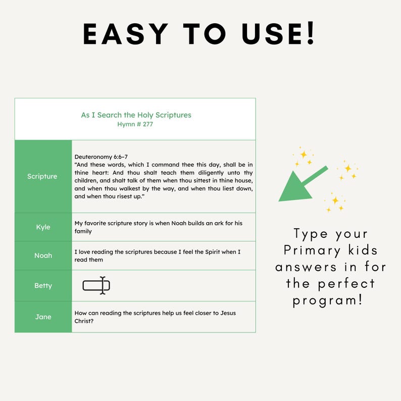 May include: A digital template titled EASY TO USE! featuring a table with the heading As I Search the Holy Scriptures Hymn # 277. The table includes rows for Scripture, Kyle, Noah, Betty, and Jane with text fields. An arrow points to text: Type your Primary kids answers in for the perfect program!