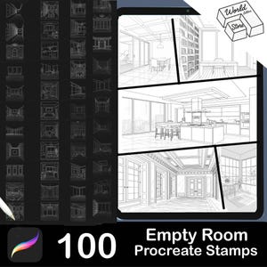 Puede incluir: Producto de arte digital que muestra 100 sellos Procreate de habitaciones vacías. La imagen presenta varios diseños de habitaciones en un estilo de arte lineal en blanco y negro, junto con el logotipo de la aplicación Procreate y el texto "Empty Room Procreate Stamps."