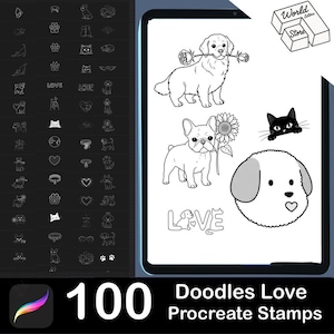Könnte beinhalten: Digitale Illustration eines Tablets mit verschiedenen Hunde- und Katzenkritzeleien, darunter ein Golden Retriever mit einer Rose, eine französische Bulldogge mit einer Sonnenblume und eine schwarze Katze. Der Text lautet "Doodles Love Procreate Stamps 100".