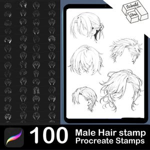May include: Digital Procreate stamps showcasing 100 male hairstyles. The image displays a tablet with hair designs, and a selection of hair styles on the left. The text reads "Male Hair stamp Procreate Stamps". The World Letters Store logo is in the top right.