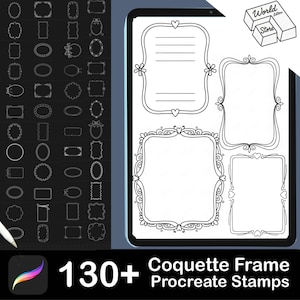 May include: Digital art product featuring 130+ Coquette Frame Procreate Stamps. The image shows diverse frame designs, including oval, rectangular, and ornate styles, plus a tablet displaying sample frames. The product logo and text are visible.