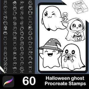 May include: Digital illustration of 60 Halloween ghost Procreate stamps. The image displays various ghost designs, including ghosts wearing witch hats and holding cameras. The text "Halloween ghost Procreate Stamps" is also included.