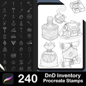 Può includere: Illustrazioni digitali in bianco e nero di vari oggetti fantasy, tra cui chiavi, armi, pozioni e una borsa. L'immagine presenta anche un sacco di cristalli e una pergamena. Il testo recita "240 DnD Inventory Procreate Stamps."