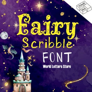 May include: A whimsical font design called "Fairy Scribble Font" with a purple background and gold stars. The font is yellow and has a hand-drawn, whimsical style. The text "World Letters Store" is also included in the image.