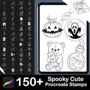 150+ Procreate Spooky Cute Stamps, Witchy Spooky Cute Skulls, Procreate Illustrations, Ipad Procreate Stamps, Tattoo Stamp Designs