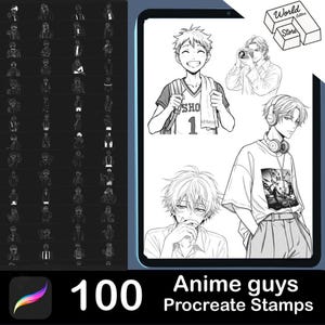 100 Procreate anime guys brushes. Procreate manga male face stamps. Procreate anime boys body pose brush stamp. Procreate anime man stamps