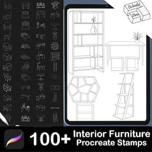 May include: A digital illustration of various furniture designs, including chairs, tables, and shelves. The image features the text "100+ Interior Furniture Procreate Stamps" and a logo for "World Letters Store."