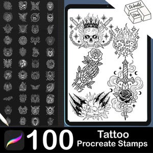 May include: A digital art set featuring 100 tattoo Procreate stamps. The designs include skulls, roses, daggers, and other gothic-inspired illustrations. The stamps are displayed on a tablet screen, with a stylus and the Procreate app icon visible.