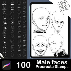 Pode incluir: Conjunto de arte digital com 100 carimbos Procreate de rostos masculinos. A imagem mostra um tablet exibindo quatro ilustrações de rostos masculinos com várias expressões. À esquerda, há uma grade de 50 esboços de rostos menores. O texto "Male faces Procreate Stamps" é exibido.