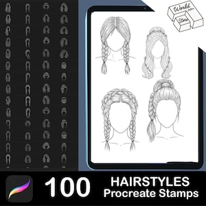May include: Digital art product featuring 100 hairstyles as Procreate stamps. The image shows various hair styles, including braids and updos, displayed on a tablet. The product also includes a logo for "World Letters Store" and the Procreate app logo.