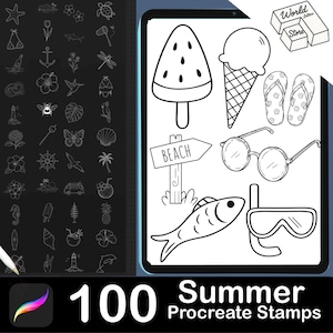 May include: A digital collection of 100 summer-themed Procreate stamps featuring black and white line art icons including a watermelon slice, ice cream cone, flip-flops, round sunglasses, a beach sign, a fish, and a snorkel mask on a tablet.