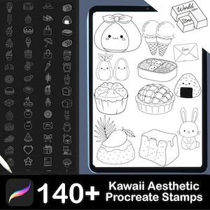 Puede incluir: Ilustración digital de un conjunto de sellos Procreate con más de 140 diseños estéticos kawaii. Los sellos incluyen alimentos como conos de helado, cupcakes y sushi, junto con personajes lindos y otros elementos decorativos.