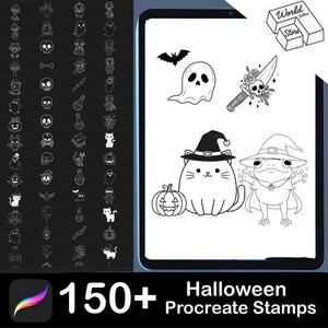 May include: A digital illustration showcasing Halloween-themed Procreate stamps. The image features a variety of black and white icons, including ghosts, bats, cats, pumpkins, and a frog. The text reads "150+ Halloween Procreate Stamps."