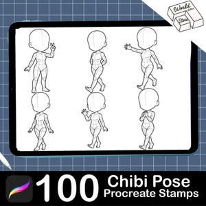 Puede incluir: Una pantalla de tableta digital que muestra seis poses de personajes chibi en arte lineal blanco y negro sobre un fondo de cuadr&iacute;cula. La esquina superior derecha presenta un logo con el texto World Letters Store. El texto inferior dice 100 Chibi Pose Procreate Stamps.