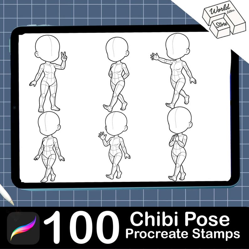 Puede incluir: Una pantalla de tableta digital que muestra seis poses de personajes chibi en arte lineal blanco y negro sobre un fondo de cuadr&iacute;cula. La esquina superior derecha presenta un logo con el texto World Letters Store. El texto inferior dice 100 Chibi Pose Procreate Stamps.