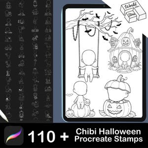 Op de afbeelding: Zwart-wit Chibi Halloween Procreate Stamps. De afbeelding toont een tablet met Halloween-thema illustraties, waaronder een schommel, pompoenhuis en karakters. De afbeelding bevat ook een verzameling van 110+ stempels.