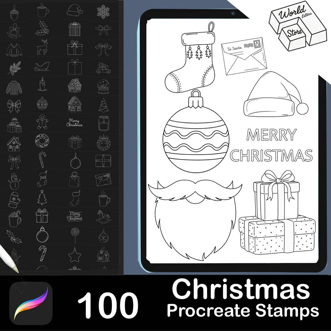 100 Christmas Procreate Stamps Brush Set: Ornaments, Trees (PDF Guide ...