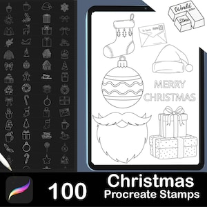 May include: A digital art set of 100 Christmas Procreate stamps. The image shows a tablet displaying various holiday-themed line art designs, including a stocking, ornaments, Santa's beard, gifts, and the words "Merry Christmas."