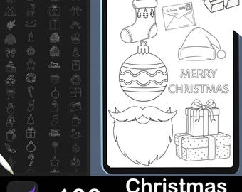 100 Christmas Procreate Stamps Brush Set: Ornaments, Trees (PDF Guide Included)