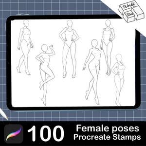 May include: A digital tablet displays six line drawings of female figures in various poses. The figures are wearing swimsuits. The tablet is on a blue grid background. The text "100 Female poses Procreate Stamps" is at the bottom of the screen.
