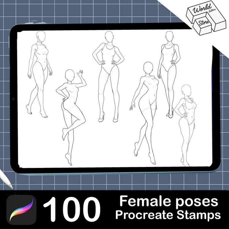 May include: A digital tablet displays six line drawings of female figures in various poses. The figures are wearing swimsuits. The tablet is on a blue grid background. The text "100 Female poses Procreate Stamps" is at the bottom of the screen.