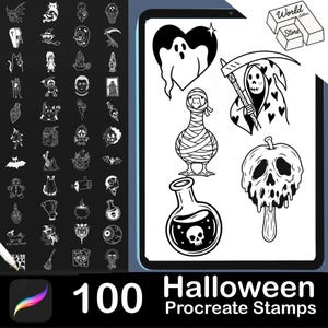 May include: A digital collection of 100 Halloween-themed Procreate stamps featuring black and white line art illustrations of ghosts, a mummy duck, a grim reaper, a skull apple, and a potion bottle, displayed on a tablet screen with text.