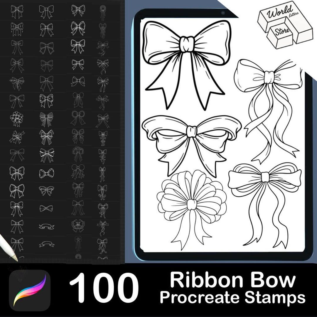 100 Ribbon Bow Outline Stamps: Coquette Procreate Tattoo Brushes (PDF ...